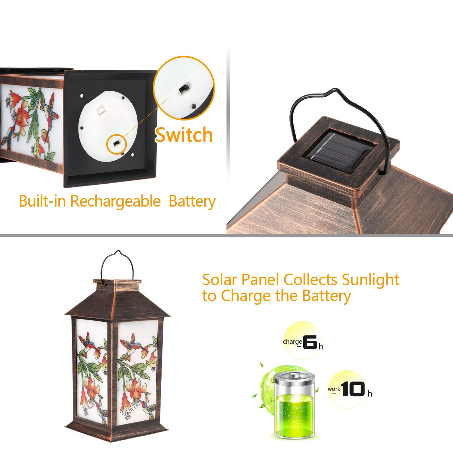 EXCMARK Solar Lanterns Outdoor Hanging Solar Lights Decorative for Garden Patio Porch and Tabletop Decorations with Hummingbird Pattern.