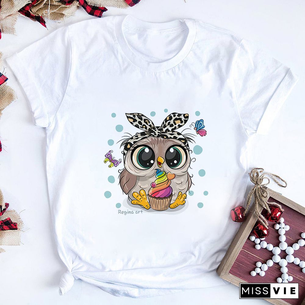 Gothic Women Cute Owl Printed T-Shirt All Seasons Fashion Thin Short Sleeve Tees Harajuku Casual Pink Top Female Clothing Tshirt