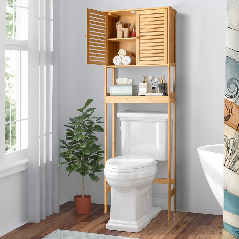 Over The Toilet Bathroom Cabinet with 2 Doors and 1 Shelf  Bamboo