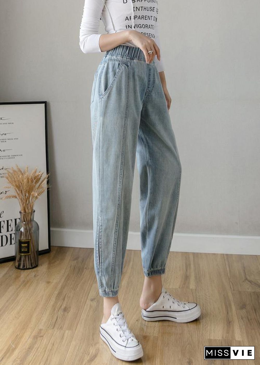 Organic Spring Casual Pants Slim Denim Blue Fashion Ideas Elastic Waist Pants