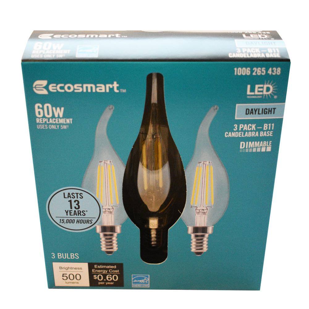 EcoSmart 60-Watt Equivalent B11 Dimmable E12 Candelabra Flame Bent Tip Clear Glass LED Vintage Edison Light Bulb Daylight(3-Pack) FG-04189