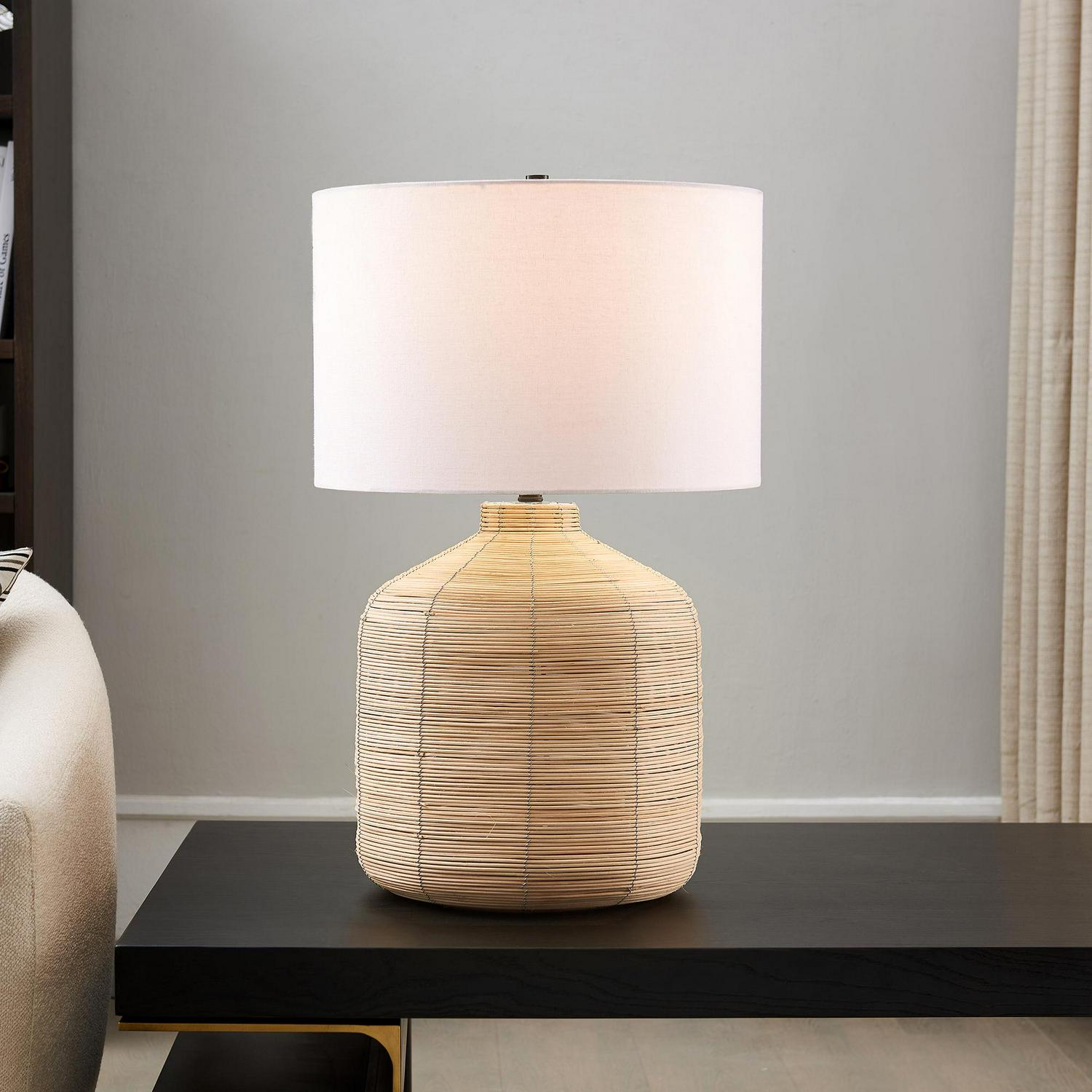 Modern Oversized Rattan Table Lamp with Blackened Steel Accents