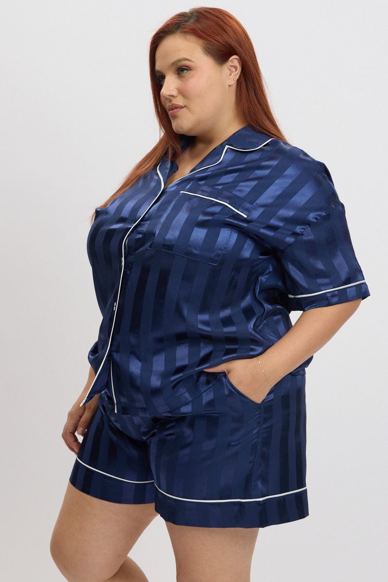 Blue Stripe Satin Pajamas Set Short Sleeve