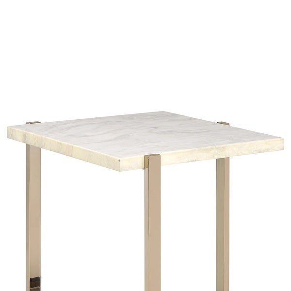 Modern Style Marbleized Wooden End Table with Tubular Metal Frame， Gold and White - 24.25 H x 23 W x 23.75 L Inches