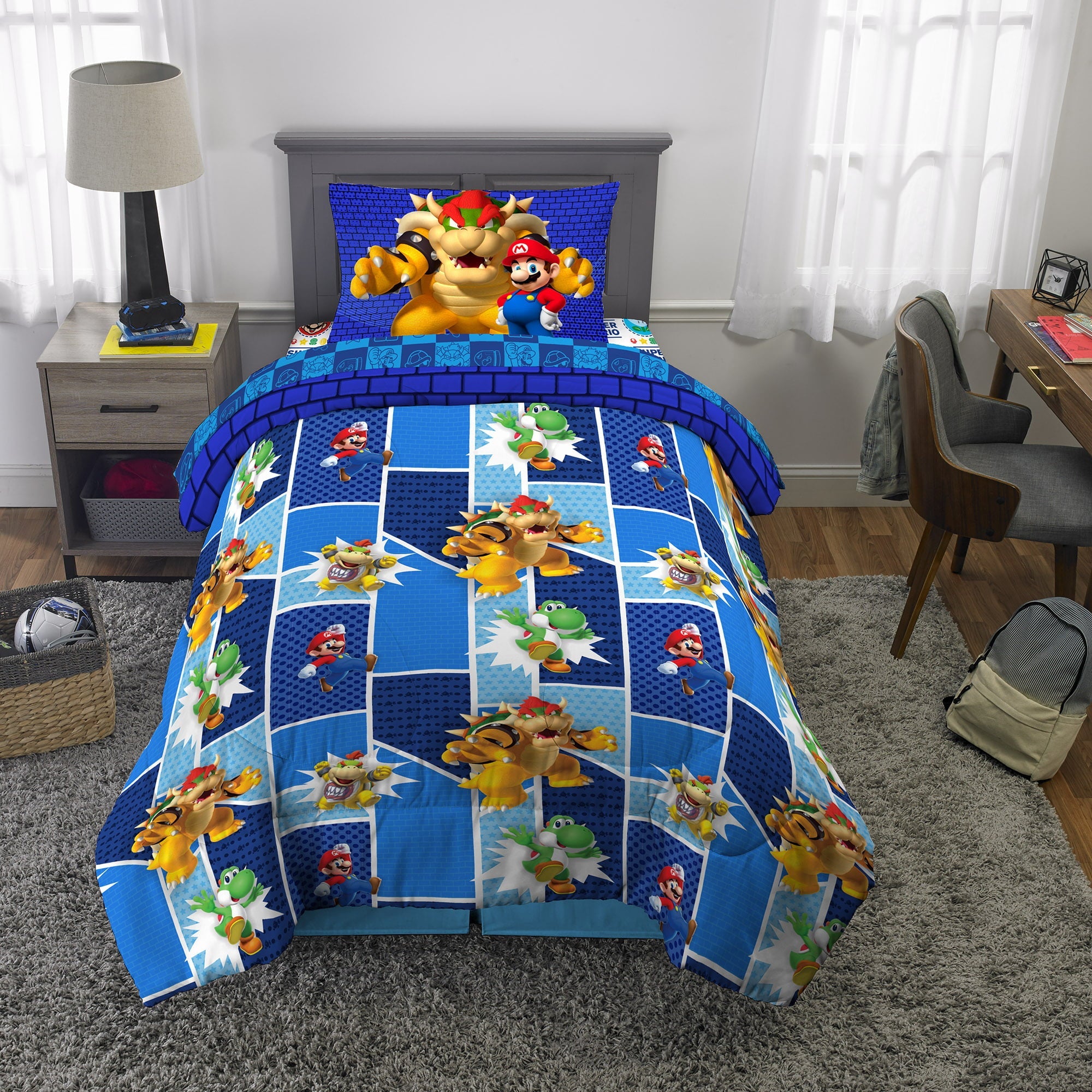 Super Mario Kids Twin Bed in a Bag, Gaming Bedding, Comforter and Sheets, Blue, 