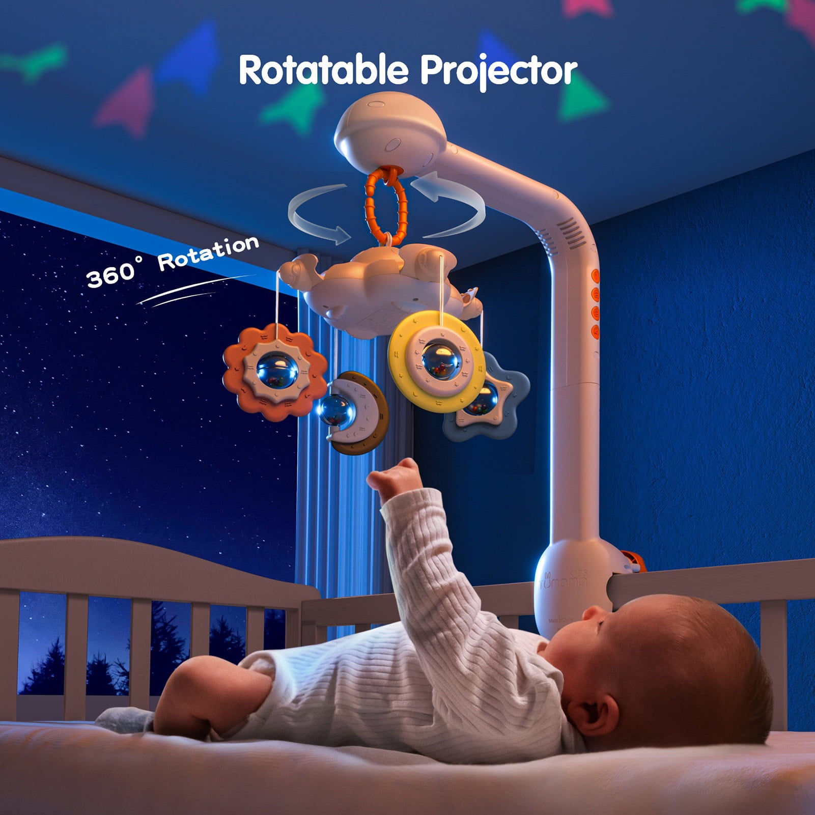 Gecheer Baby Crib Mobile with Projection Night Light Soothing Music White Noise Hanging Rattle Toys 360° Rotatable Wireless BT