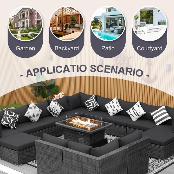 Nicesoul Outdoor Grey Wicker Sectional Furniture Patio Sofa Set with Firepit Table