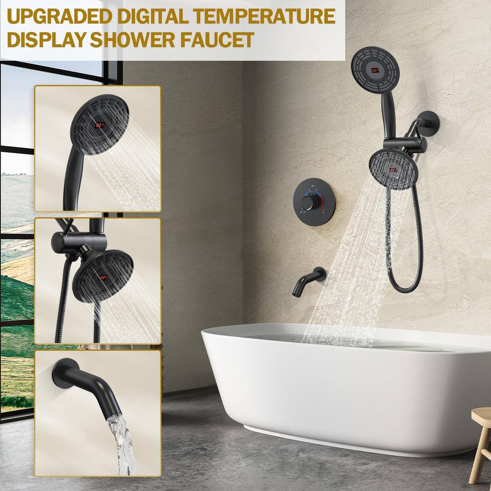 CRANACH Single Handle 3-Spray Tub and Shower Faucet 2.5 GPM Temperature Display Shower Head in Matte Black (Valve Included) SRSFS-1020-BK5