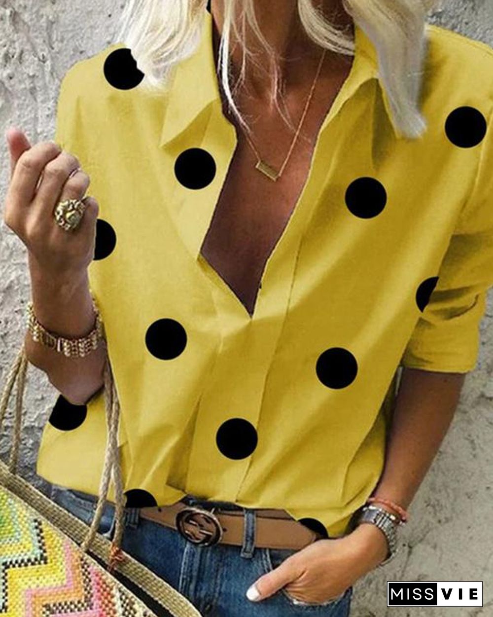 Polka Dot A Lapel Long Sleeve Blouse