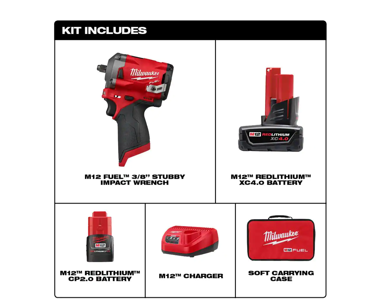 Milwaukee 2554-22 M12 FUEL 12V Lithium-Ion Brushless Cordless Stubby 3/8 in. Impact Wrench Kit with One 4.0 and One 2.0Ah Batteries