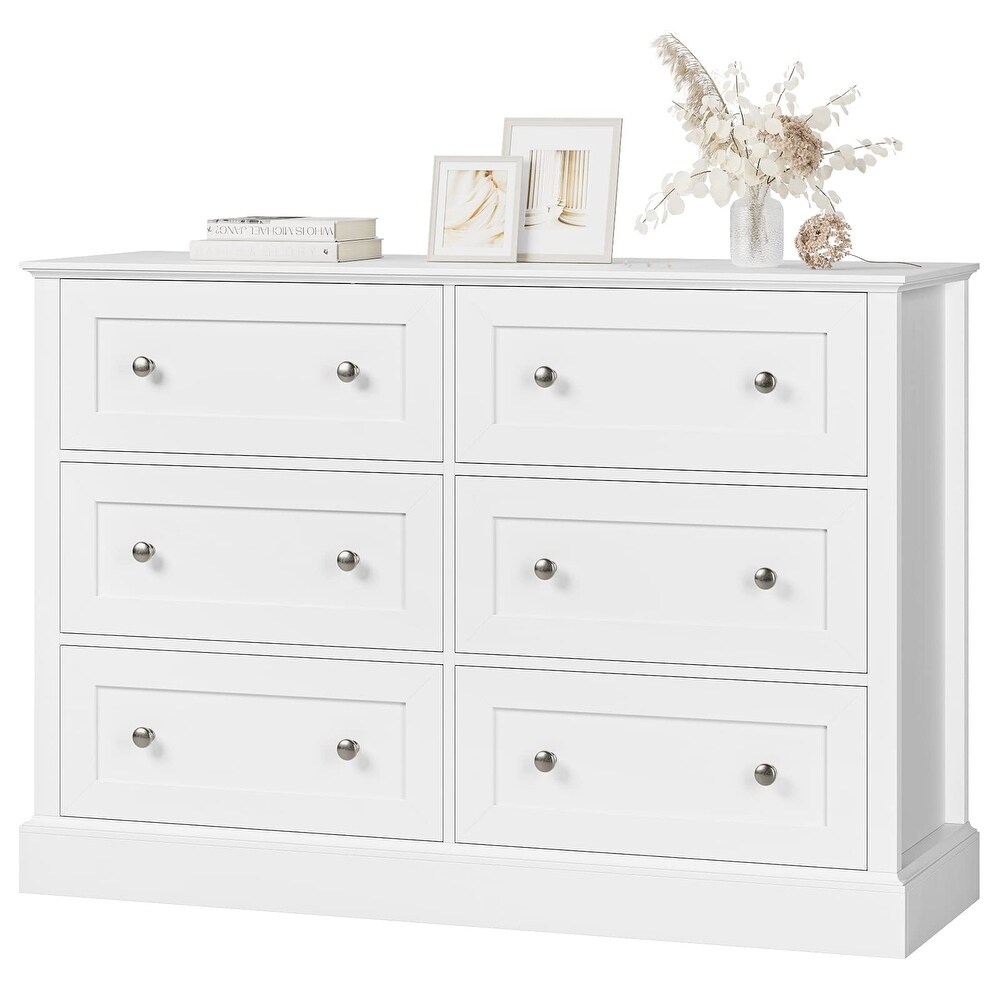 Modern 6 Drawer Double Dresser  White Dresser for Bedroom  Wide Chest of Drawers with Deep Drawers   Mental Double Handles