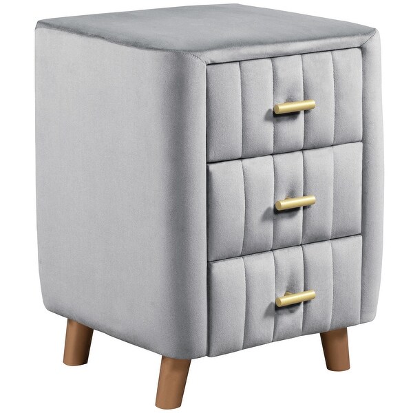 Modern Nightstand with 3 Drawers， Grey Velvet Upholstered Night Stand with Metal Handles， Grey - - 37970263