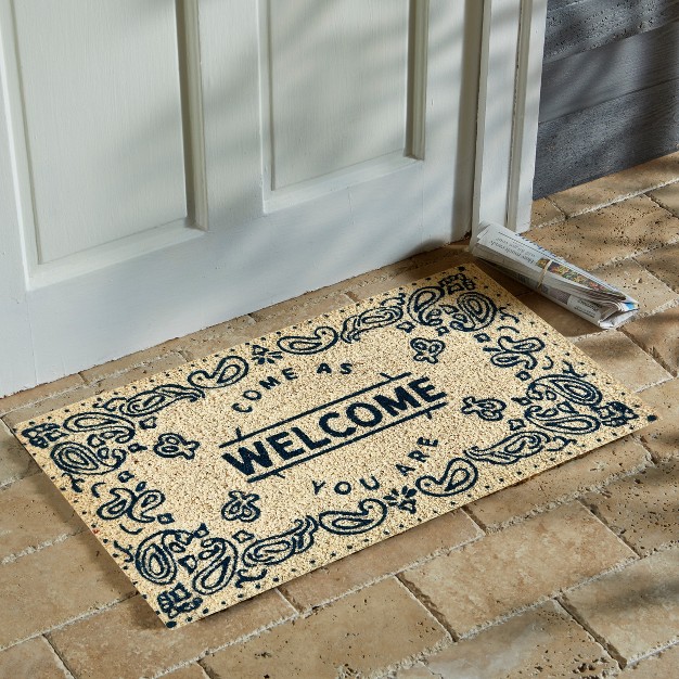 Welcome Come As You Are Rectangle Indoor And Outdoor Coir Door Welcome Mat Blue On Beige Background