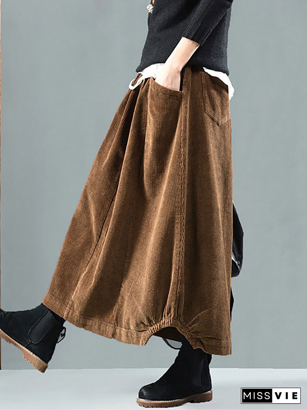 Plus Size Elastic Waist Calf Length Spring Corduroy Skirt