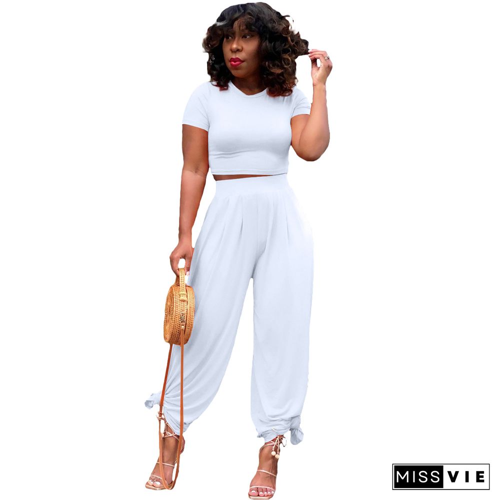 Summer Hot Plus Size Solid Short Sleeve O Neck Crop Tops Wide Leg Pants Women Casual Two Piece Set