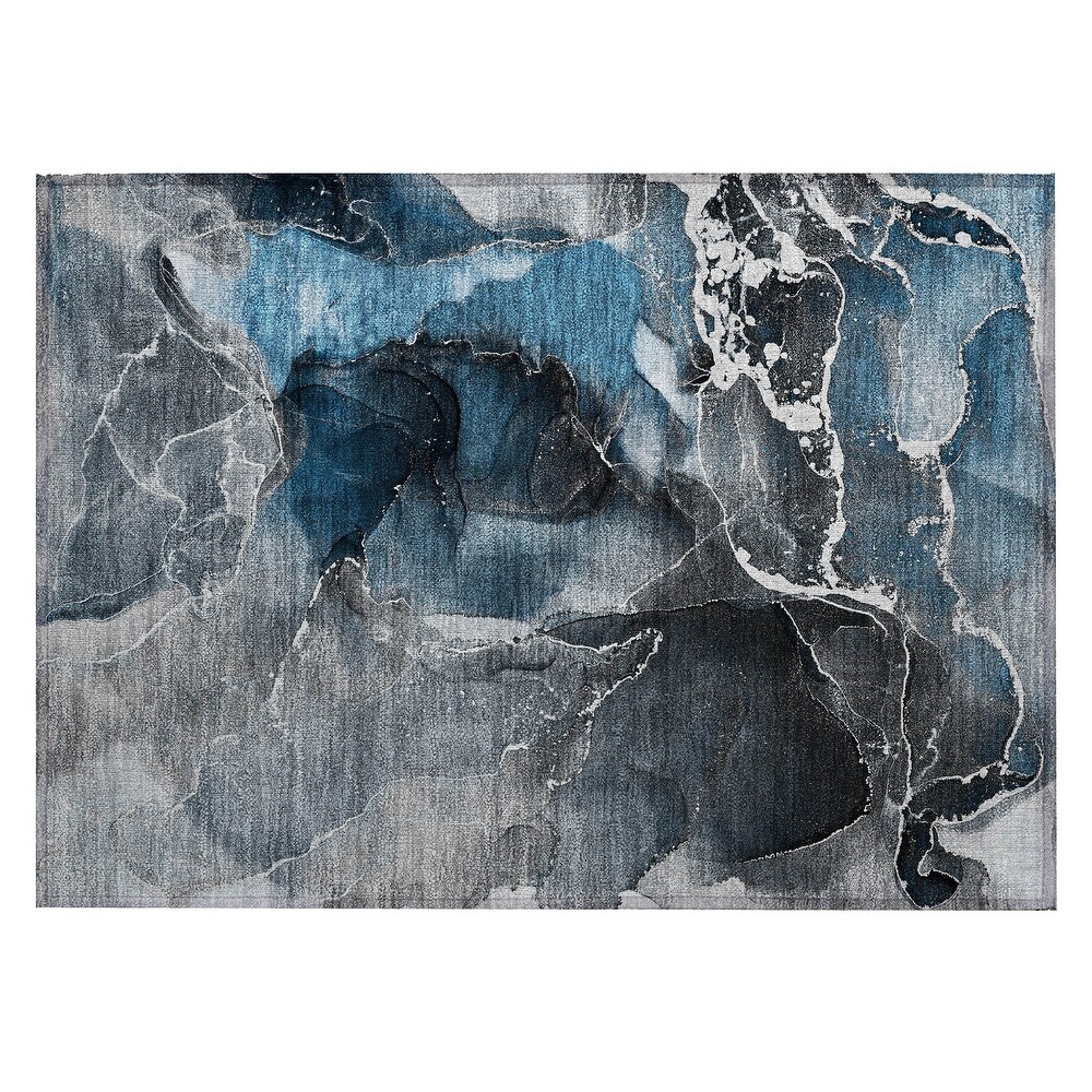 Machine Washable Indoor/ Outdoor Chantille Abstract Blue Rug