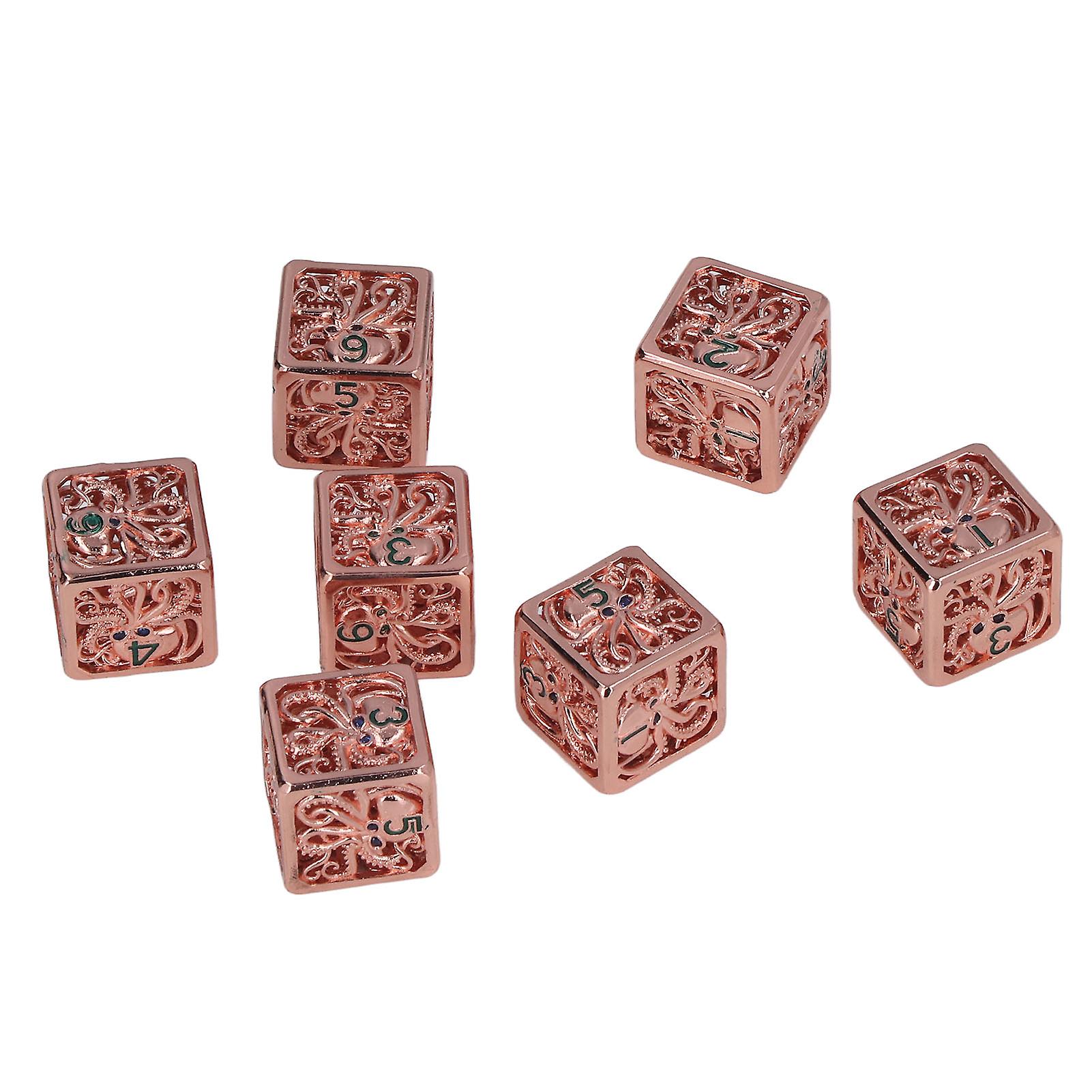 7pcs Hollow Octopus Carved Pattern Dice Holiday Party Square Metal Dice Set Props for Role Playing Games Antique Red Copper