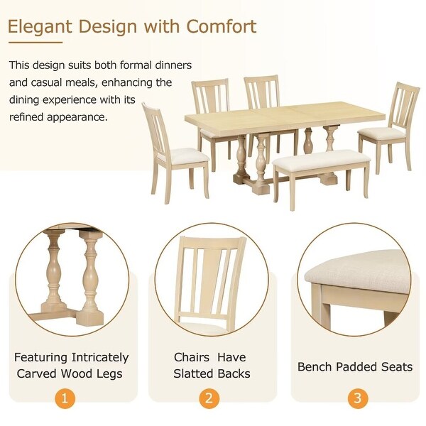 Extendable Dining Table Set with Removable Leaf，Padded Chairs and Bench