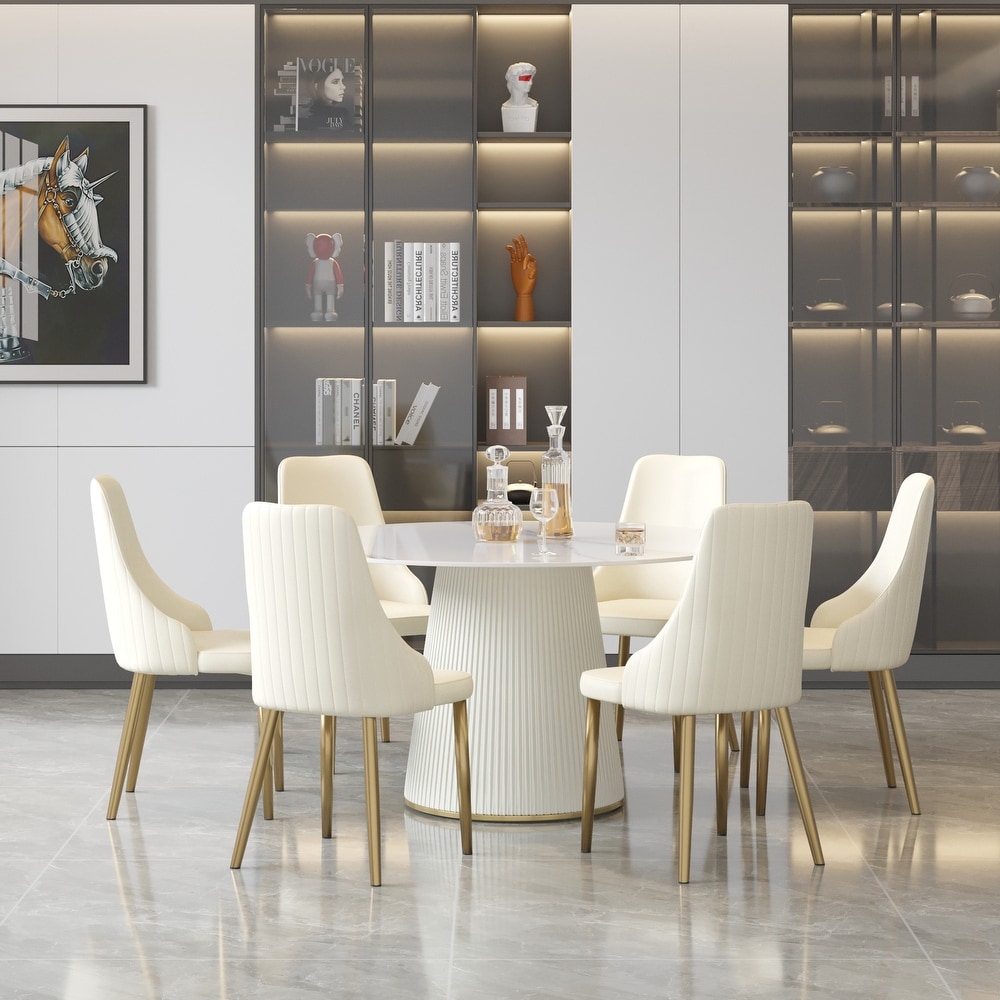 53'' Modern Round Dining Table  Marble Kitchen Table with Sintered Stone Tabletop and Steel Leather Base   N/A