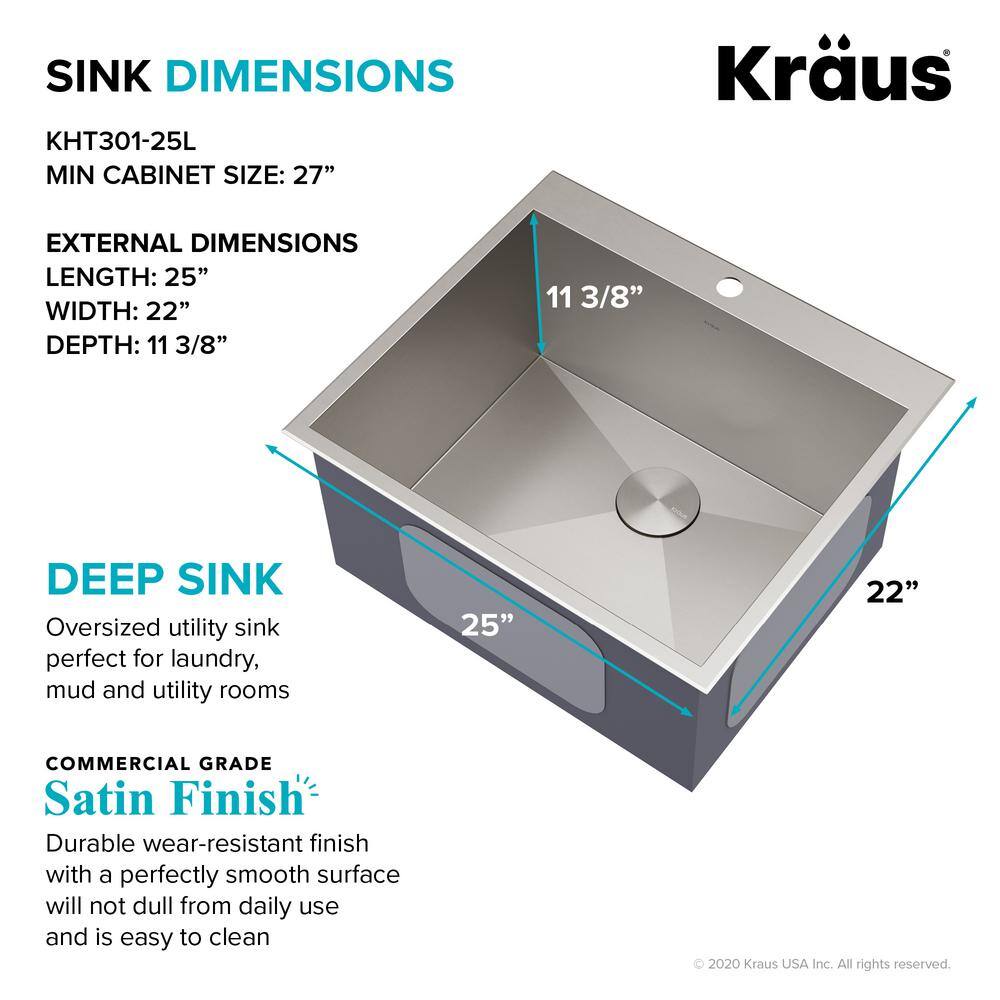 KRAUS Standart PRO 16-Gauge Stainless Steel 25 in. Drop-in  Undermount Single Bowl Deep Laundry Utility Sink KHT301-25L