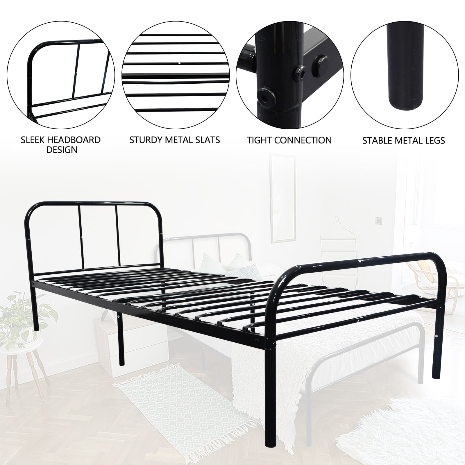 Voilamart Twin Metal Bed Frames with Headboard and Footboard, Single 6 Legs Bed Frame Platform Mattress Foundation for Kids Adult, No Box Springs Need, Black/Silver/White