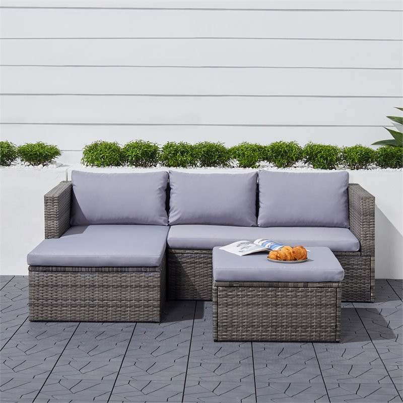 Vifah Daytona 3 Pc Cushioned Wicker Patio Corner Sofa with Ottoman   Light Gray   Tropical   Outdoor Sofas   by Vifah  Houzz