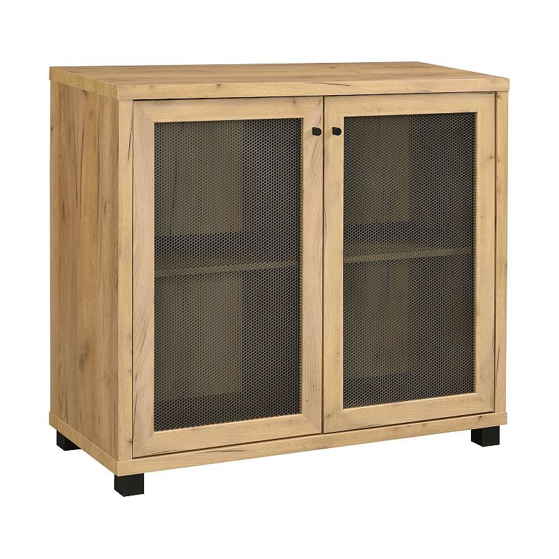 39 Inch Accent Console Cabinet， 4 Compartments， Modern Farmhouse， Oak