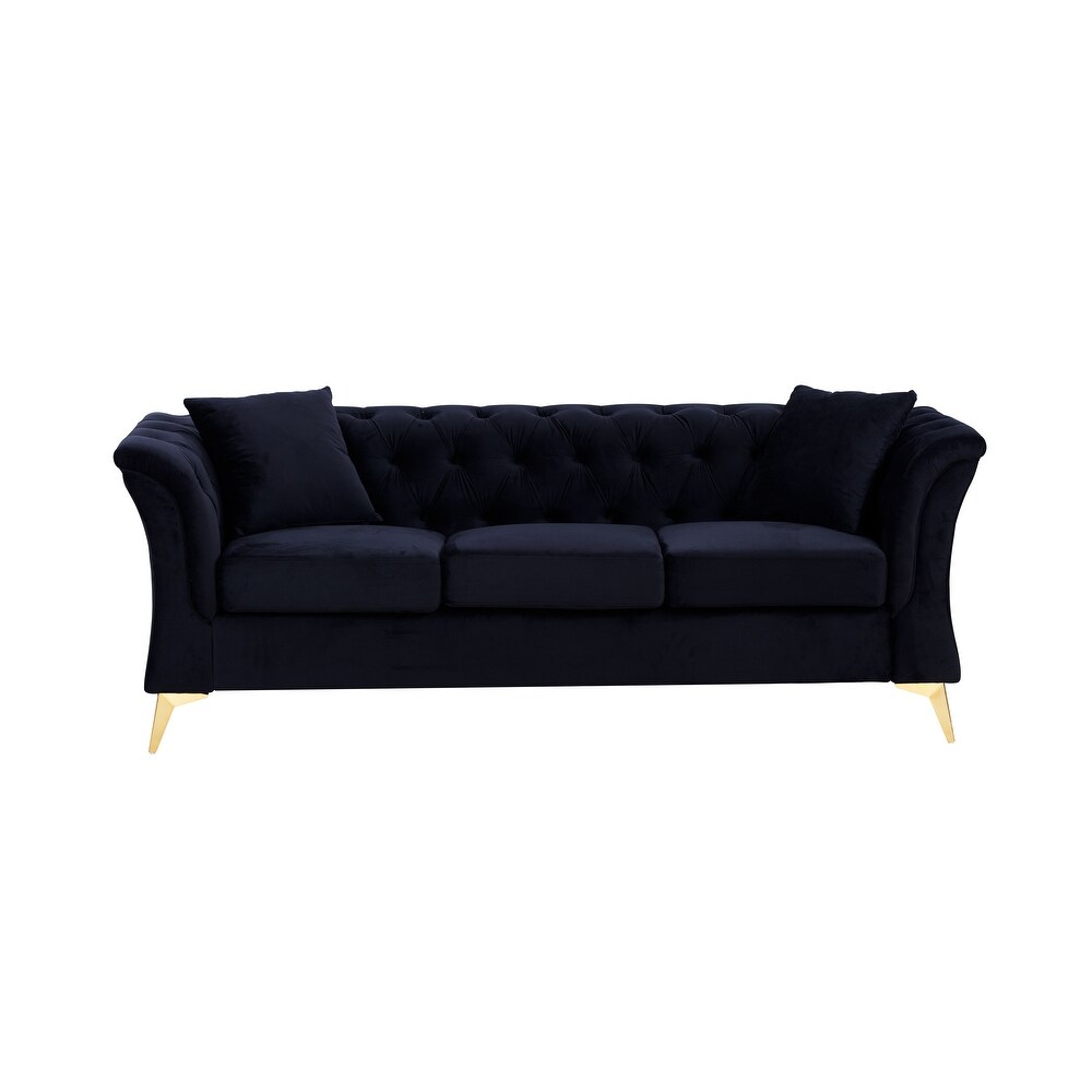 Black Modern 3 Seater Button Tufted Sofa with Soft Tufted Velvet Upholstery  Scroll Arms  and Gold Metal Legs for Living Room