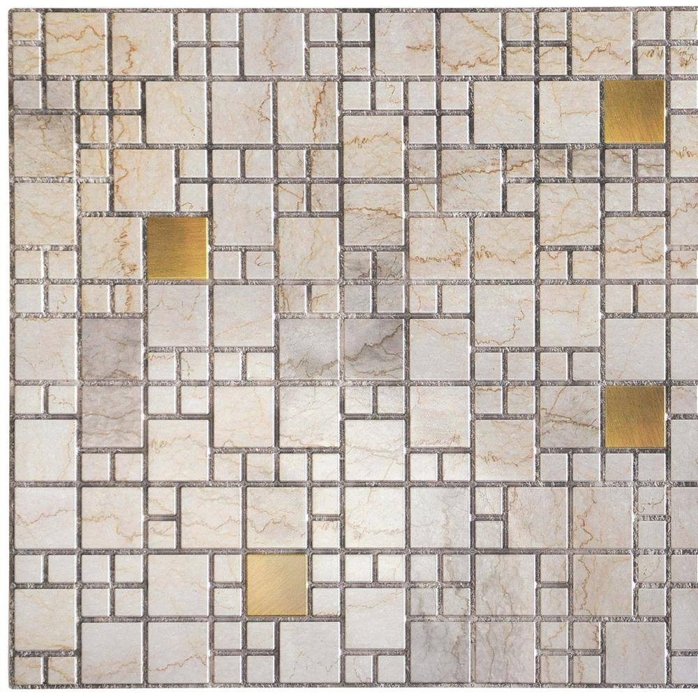 Dundee Deco 3D Falkirk Retro 1100 in. x 38 in. x 19 in. Beige Faux Marble with Gold Squares PVC Decorative Wall Paneling (5-Pack) GRHDTP10009775-5