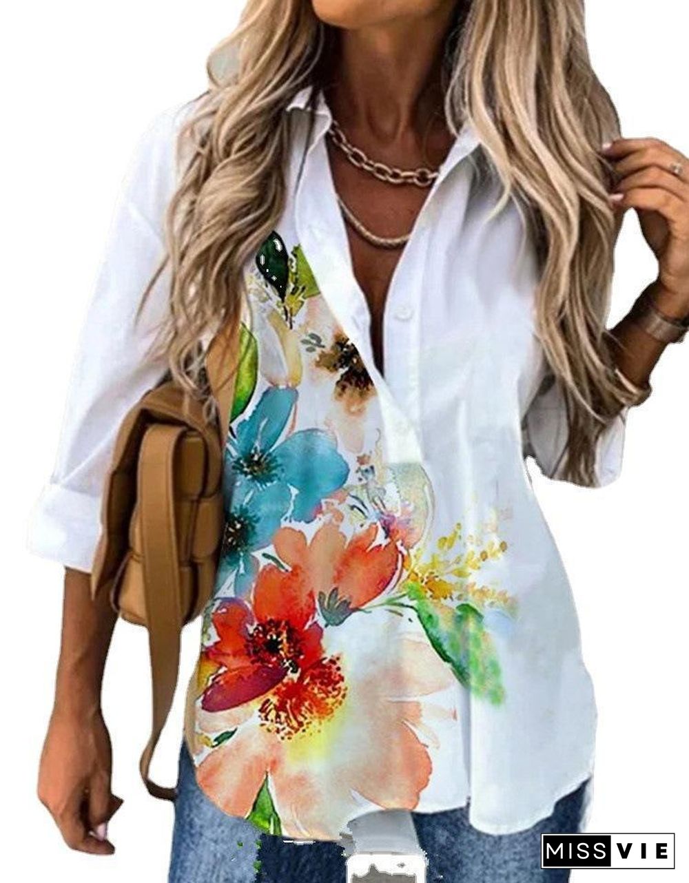 Colorful Flower Printed White Shirt