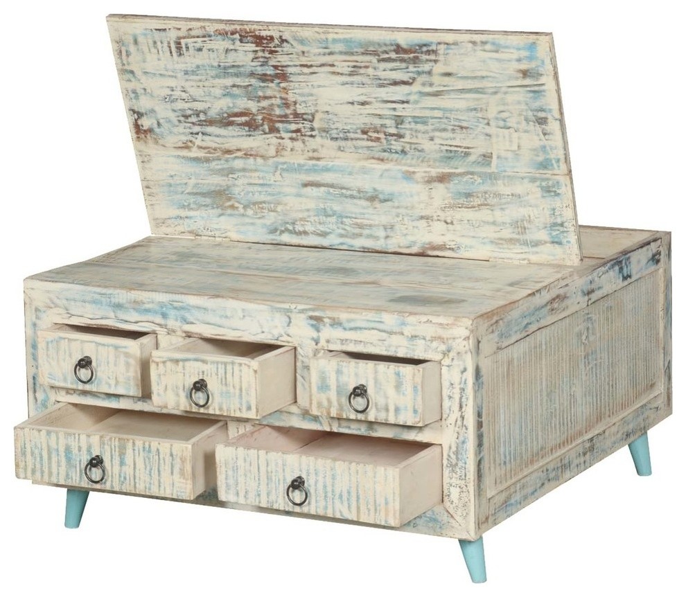 Vernon White Washed Reclaimed Wood Square Coffee Table 5 Drawer Chest   Farmhouse   Coffee Tables   by Sierra Living Concepts Inc  Houzz