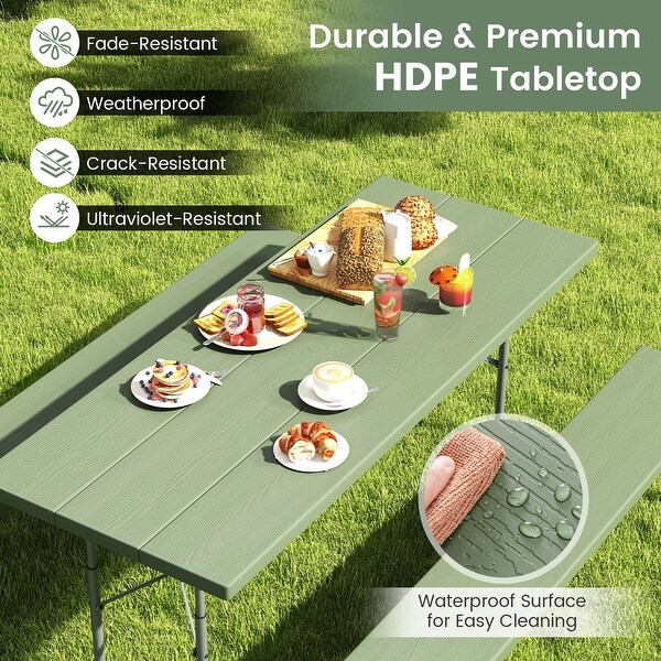 Folding Picnic Table Set with Metal Frame and AllWeather HDPE Tabletop，Umbrella Hole