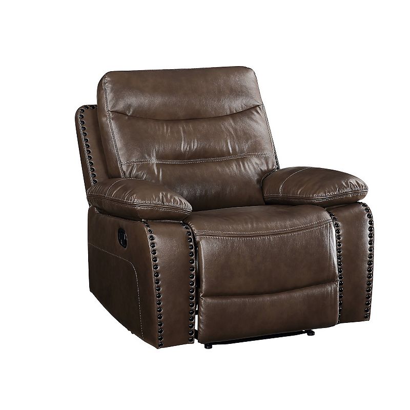 Recliner with Leatherette Upholstery and Tufted Seat， Brown