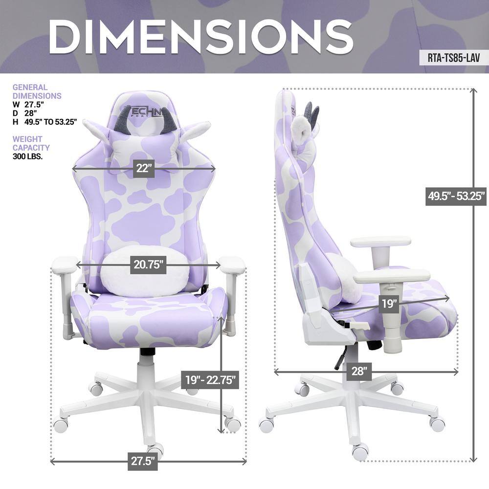 Techni Sport Cow Series TS85 Lavender Gaming Chair with Adjustable Arms RTA-TS85-LAV