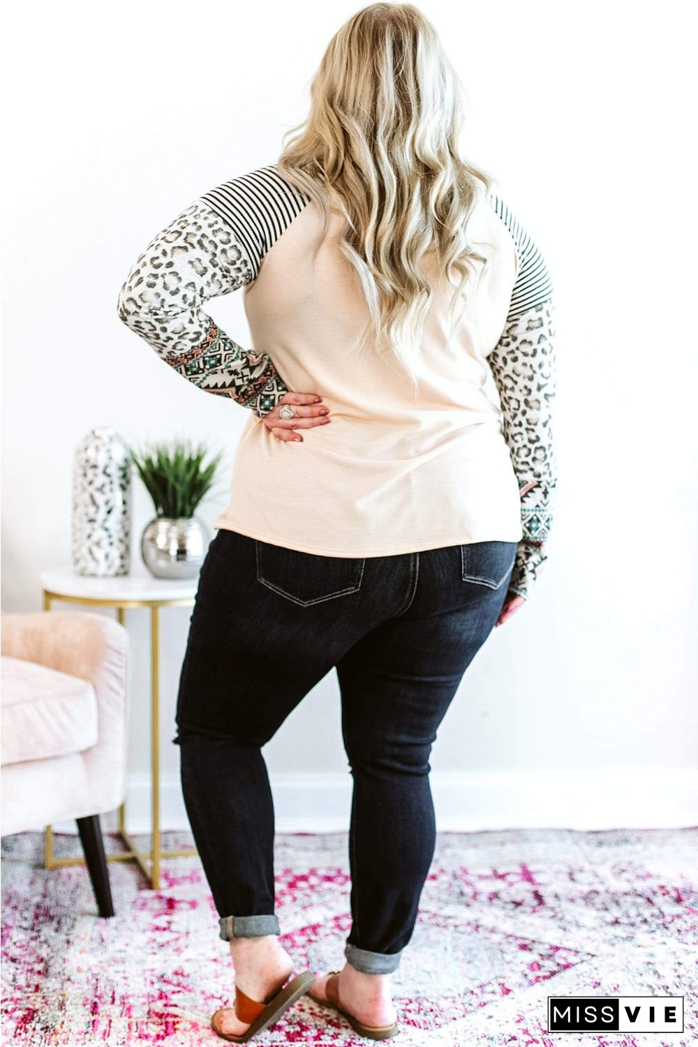 Apricot Plus Size Contrast Long Sleeve Top