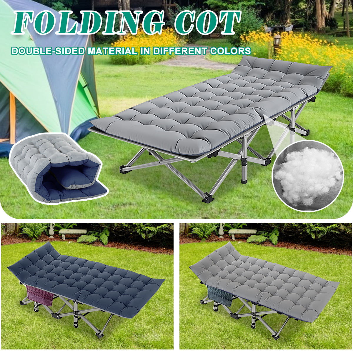 Slsy Folding Camping Cots for Adults with 2-Sided Cushion, Cots for Sleeping, Folding Cot  with Carry Bag, 880LBS(Max Load)