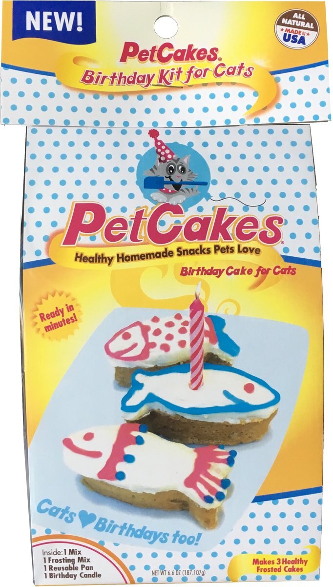 PetCakes Turkey Flavor Microwavable Birthday Cake Mix Kit With Fish Shaped Pan Cat Treats， 5-oz bag