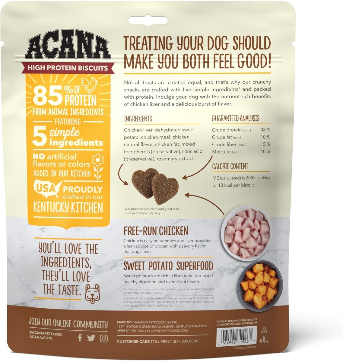 ACANA High-Protein Biscuits Grain-Free Chicken Liver Recipe Small/Med Breed Dog Treats， 9-oz bag