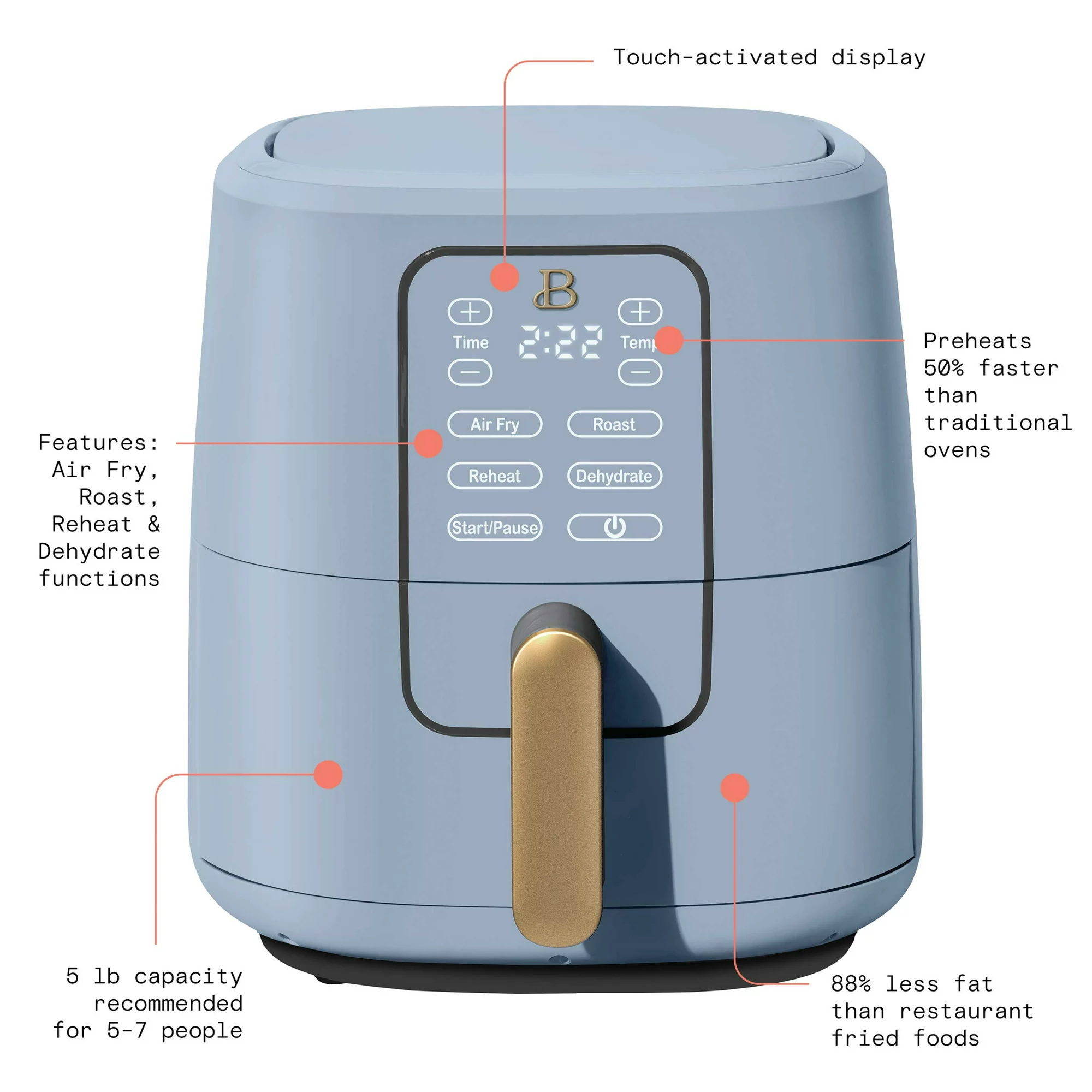 Beautiful 6QT Touchscreen Air Fryer， Cornflower Blue by Drew Barrymore