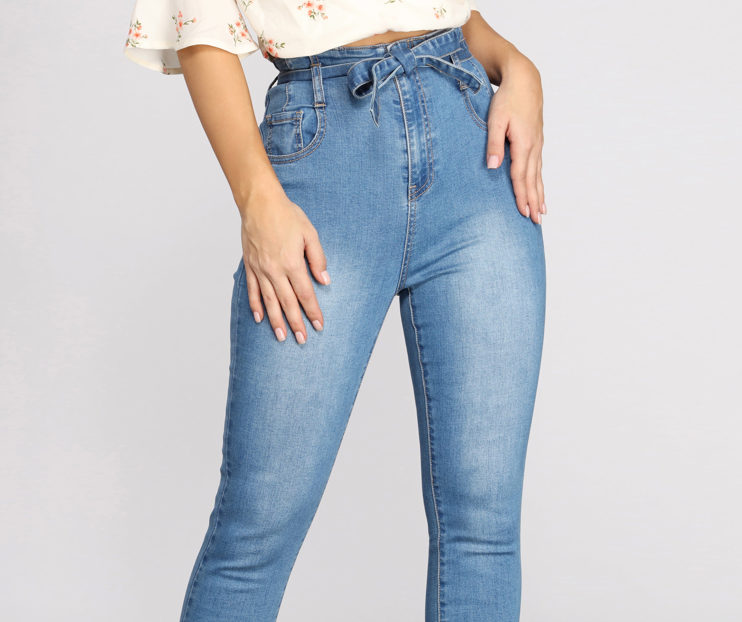 High Rise Tie Waist Skinny Crop Jeans