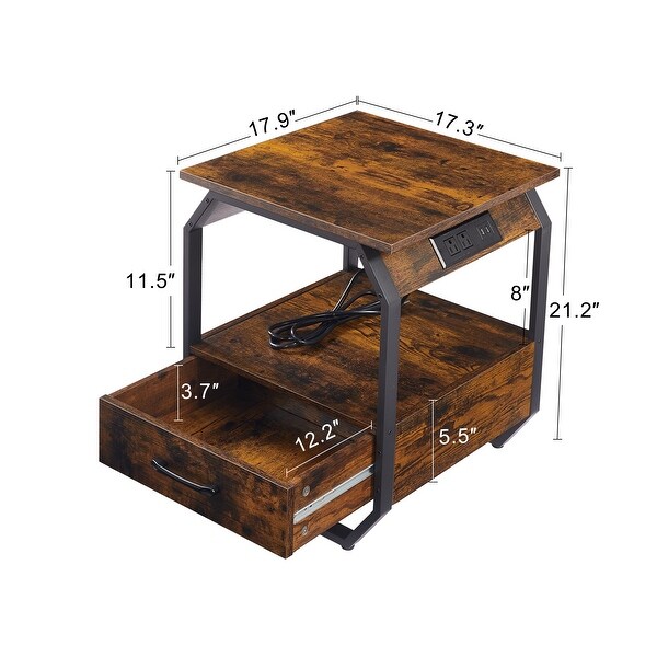 End Table with Charging Station， Side Table with USB Ports and Outlets - 17.3’’W*17.9’’D*21.2’’H