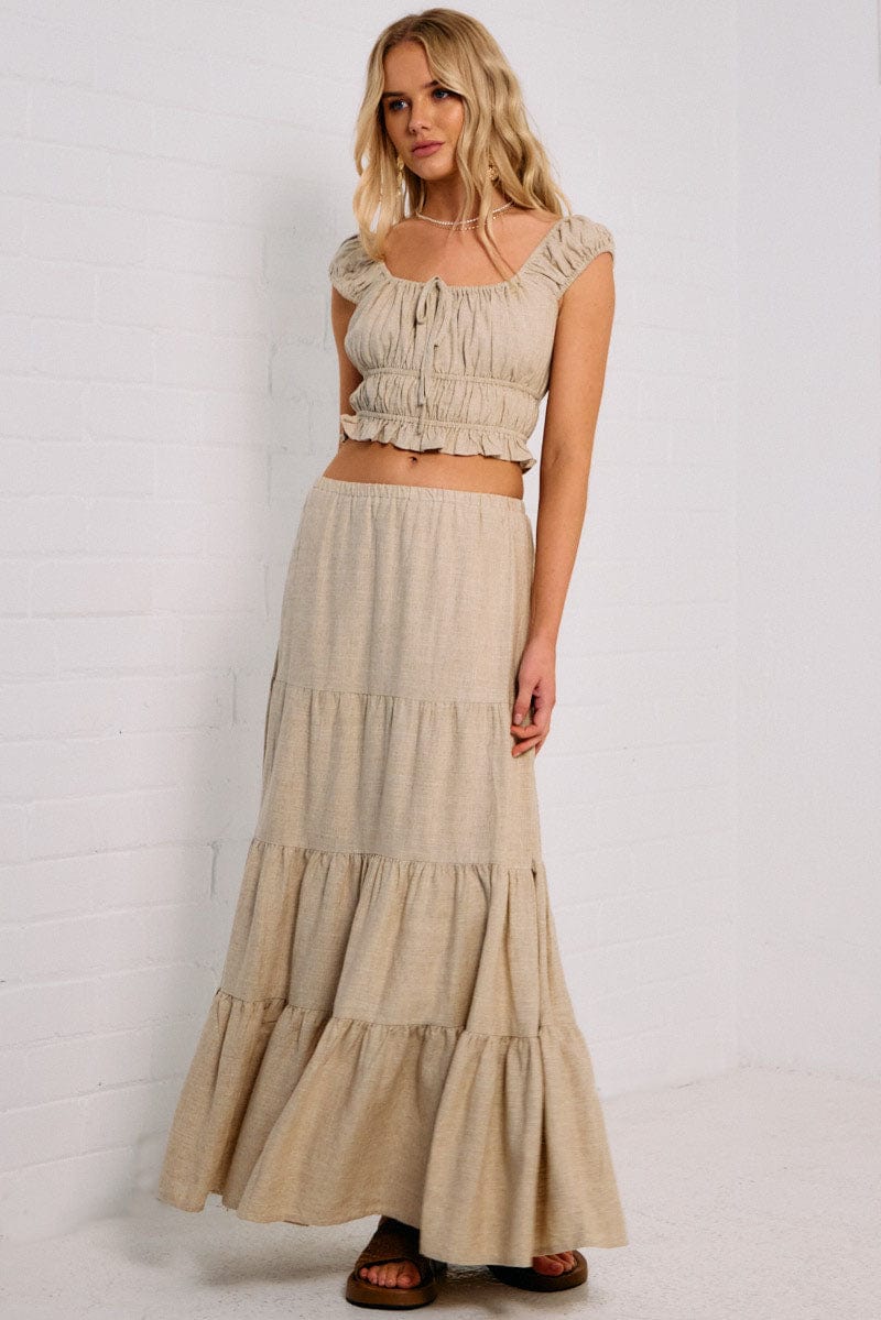 Beige Ruched Top Short Sleeve Linen Blend