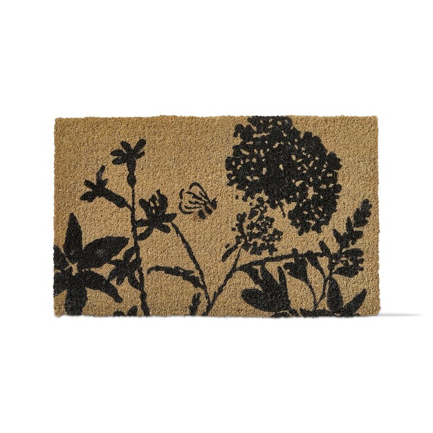 Let It Bee Bumble Bee And Flower Print Rectangle Indoor Outdoor Coir Door Welcome Mat Black On Beige Background