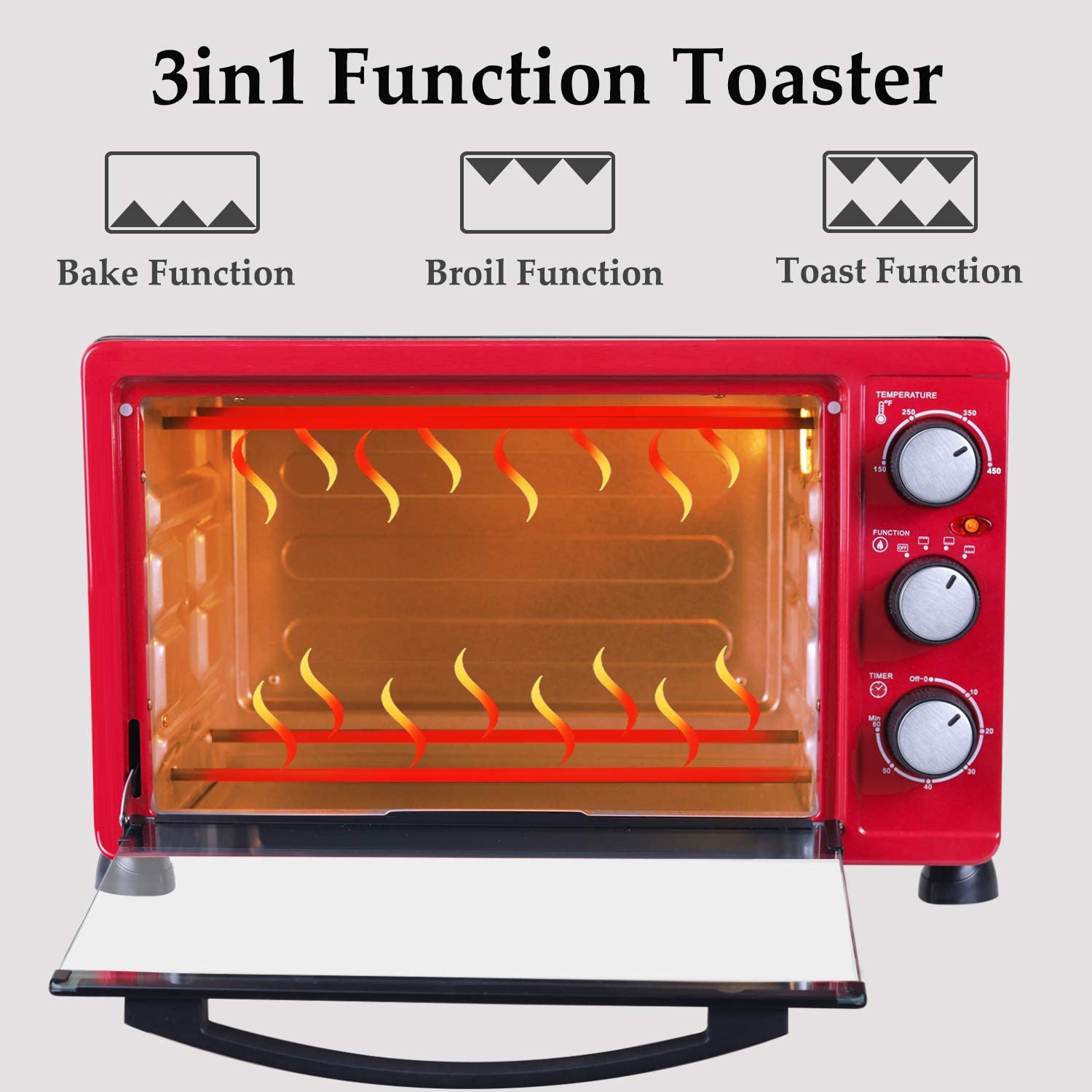 LUBY Convection Toaster Oven with Timer， Toast， Broil Settings， Includes Baking Pan， Rack and Crumb Tray， 6-Slice， Red