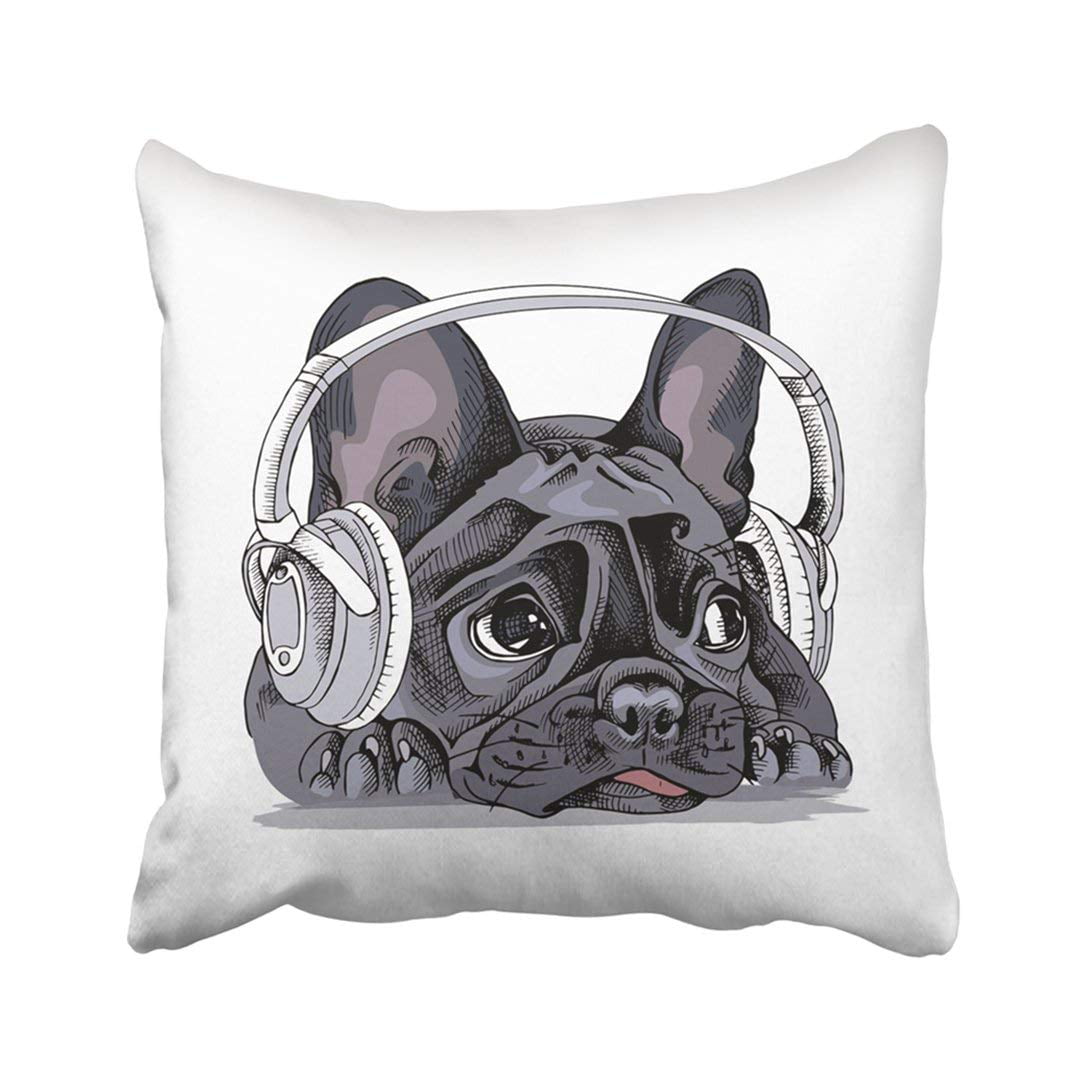 BPBOP Black Dog French Bulldog Portrait With Headphones Music Graphic Funny Listen Cute Sketch Pillowcase Throw Pillow Cover Case 16x16 inches