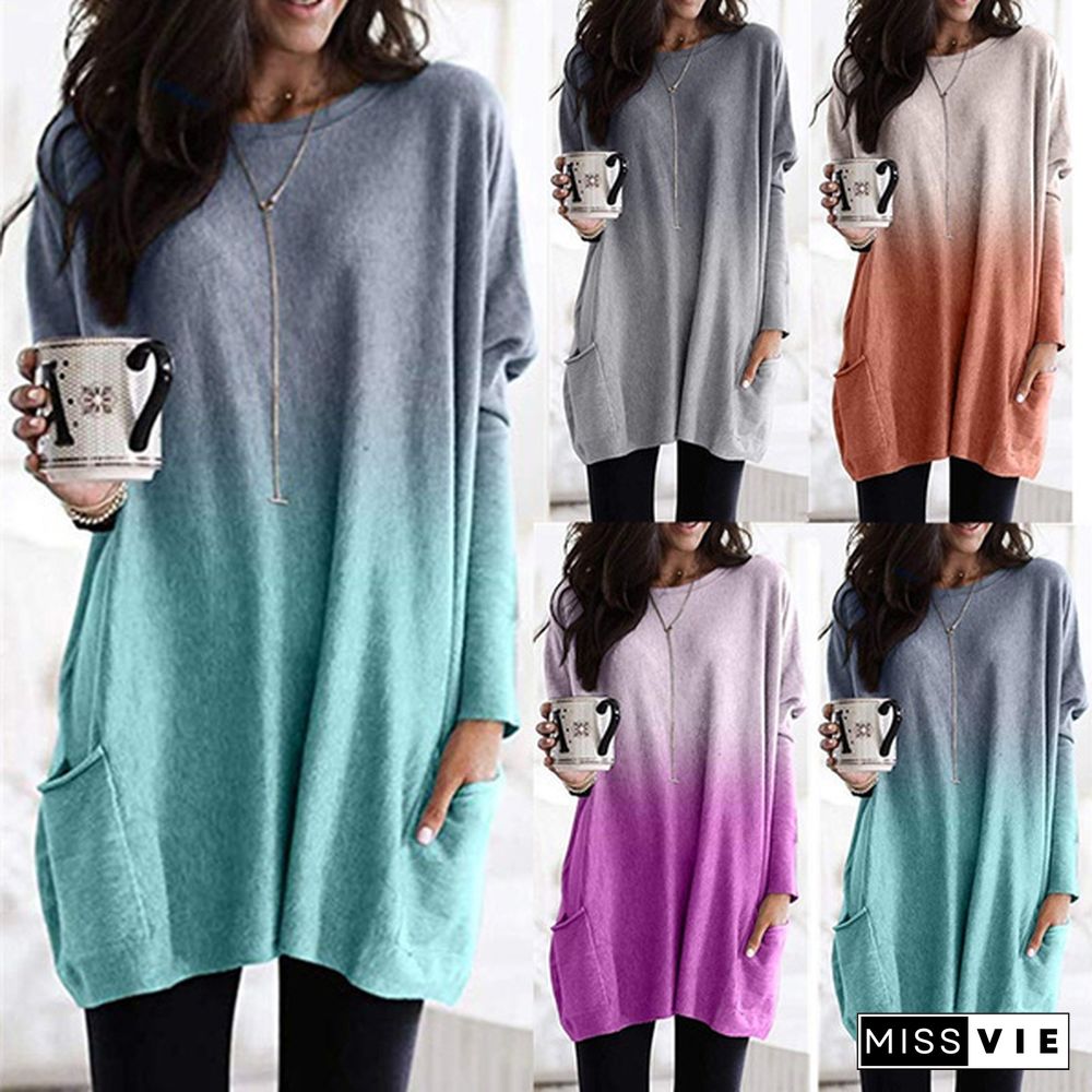 Women's Casual Long Sleeves Round Neck Pocketed T-shirts Loose Gradient Sweatshirt TunicTops Plus Size XS-5XL