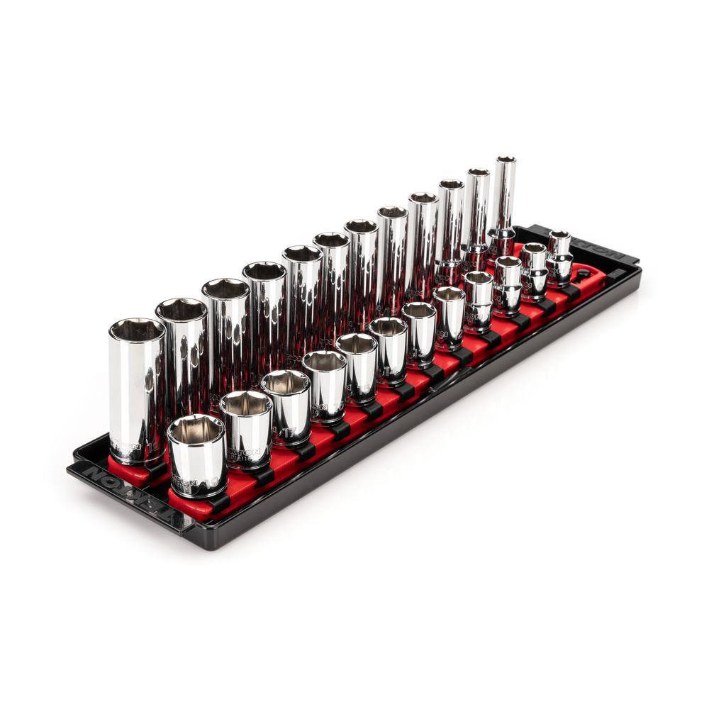 TEKTON 38 in. Drive 6-Point Socket Set with Rails (8 mm-19 mm) (24-Piece) SHD91215