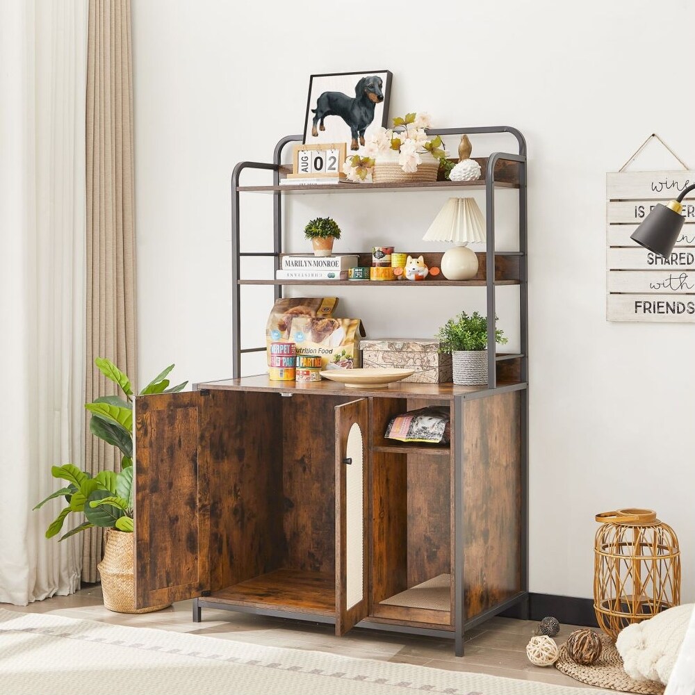 Brown Side Cabinet Bar Table with 2 Layers Shelf Kitchen Living Room