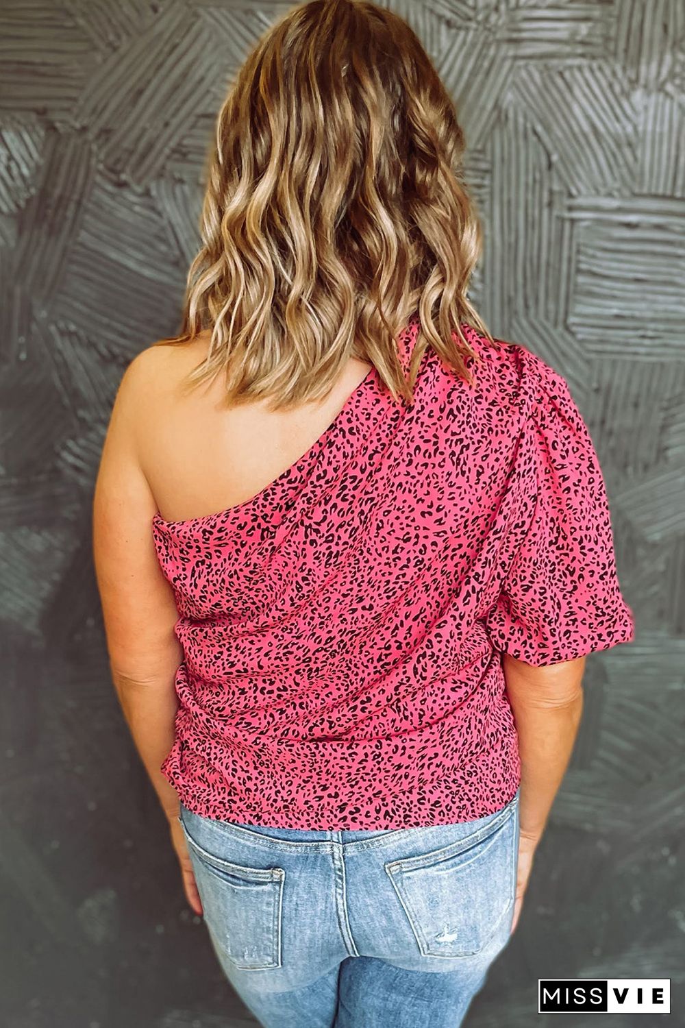 Pink Plus Slant One Shoulder Leopard Tie Drape Blouse