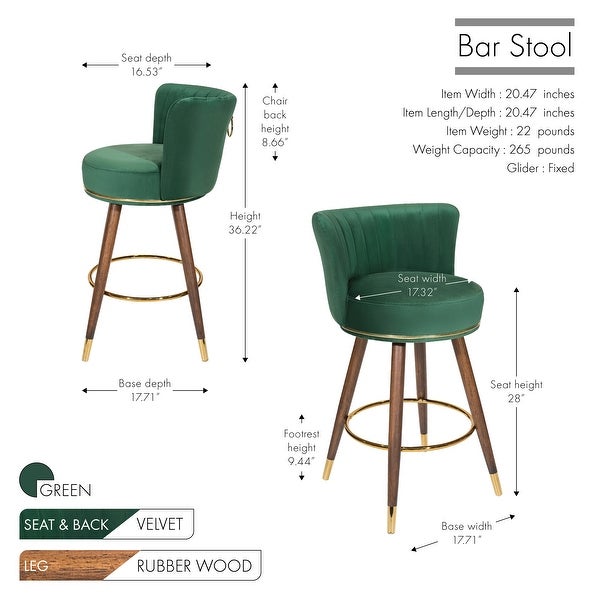 Porthos Home Pedra Swivel Bar Stools Set of 2， Velvet， Rubberwood Legs